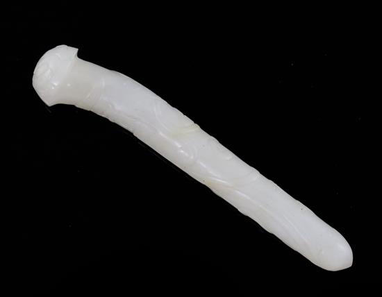 A Chinese inscribed white jade hairpin, 18th century, 6.3cm, reduced in length